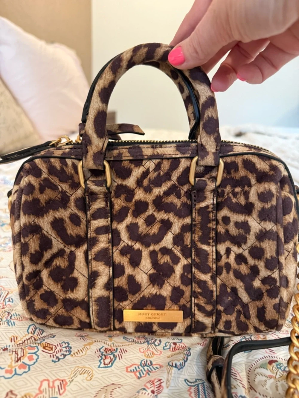 Kurt Geiger Leopard Print Top-Handle Satchel with Gold Accent - Picture 2 of 3